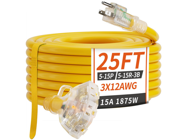 25 FT 12 Gauge Yellow Heavy Duty Outdoor Extension Cord Waterproof Extension Cord with Multiple Outlets Light Indicator, 12AWG 3 Outlet, Flexible...