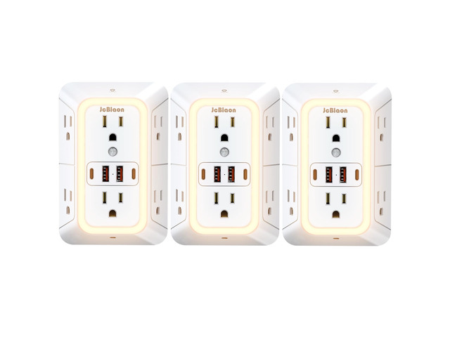 3 Pack Outlet Extender with Night Light, 6 Outlet Surge Protector Extender with 4 USB Ports (2 USB C), 3-Sided 1050J Multi Plug Wall Outlet for...
