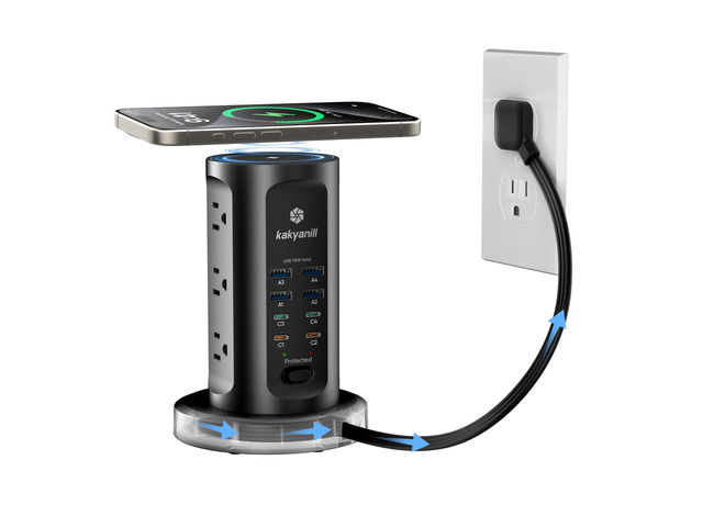 115W USB Charging Station, Power Strip Tower with 9 AC 8 USB 6Ft Flat Plug Retractable Extension Cord, for Home Office Dorm, Black
