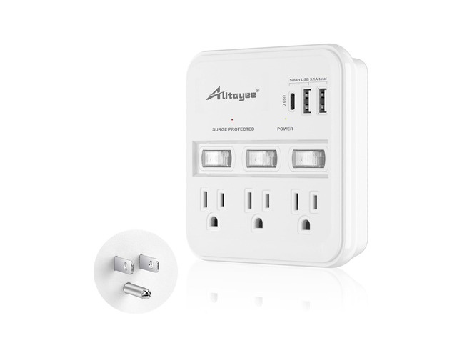 Wall Outlet Extender Surge Protector,3 USB 3 Outlets,3 Switches USB Power Strips,Individual Switches,3 Outlets,15.5W Type-C Charging Station,For...