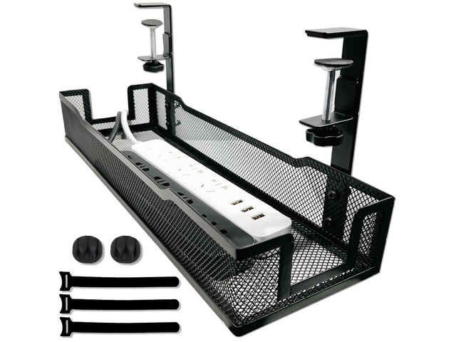 No Drill Under Desk Cable Management Tray with clamp-Premium Wire Tray Cord Organizer Thin Steel Cable Tray Basket with Charger Holder for...