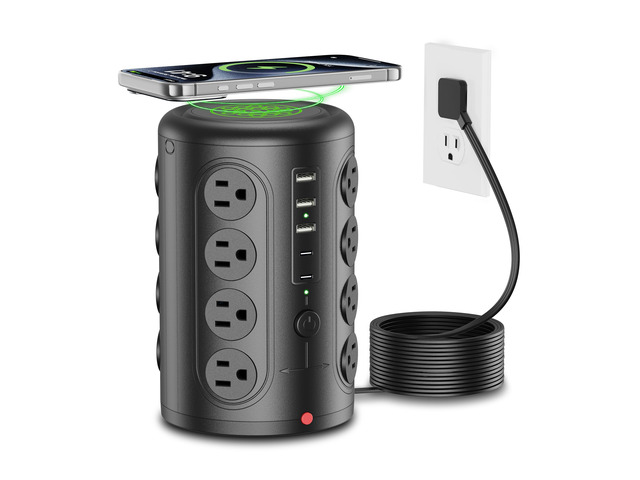 Power Strip Tower with 16 AC Outlets 5 USB Ports, 15 FT Cord Charging Station with 15W Wireless Charger, for Home Office Dorm Room Essentials, Black