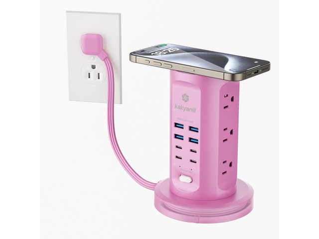 Power Strip Tower, Charging Station 9 AC Outlets 8 USB Ports 6 Ft Retractable Extension Cord, 15W Wireless Charger, Purple