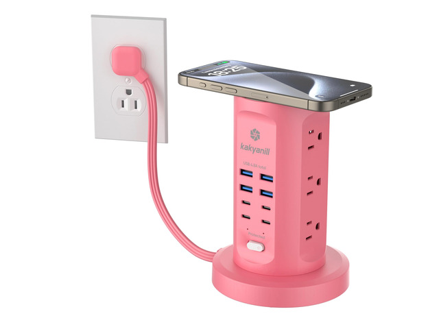 Power Strip Tower, Charging Station 9 AC Outlets 8 USB Ports 6 Ft Retractable Extension Cord, 15W Wireless Charger, Pink
