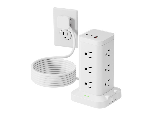 Power Strip Tower with Surge Protector 1800J, Fast Charging Tower PD20W USB-C Ports with 12 AC Outlets, Extension Cord for Home Office Dorm...