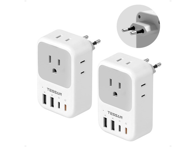 European Travel Plug Adapter 2 Pack, PD 20W Adapter for Europe Plug 4 AC Outlets, 4 USB (2 USB C), Type C Adaptor, US to Europe, Italy, Spain,...