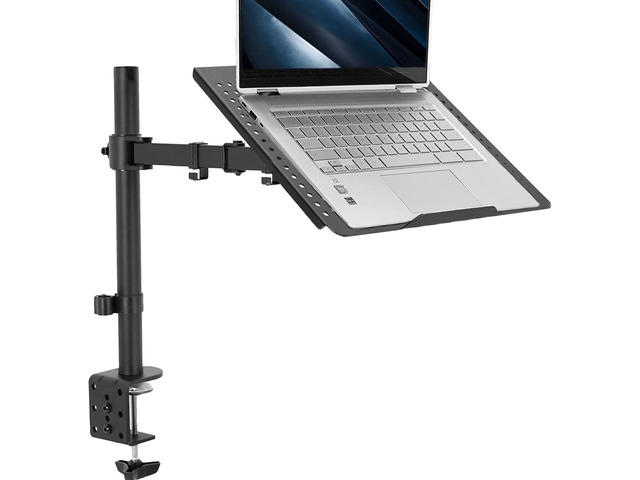 Single Laptop Notebook Desk Mount Stand, Fully Adjustable Extension with C-clamp, Fits up to 17 inch Laptops, Black, STAND-V001L