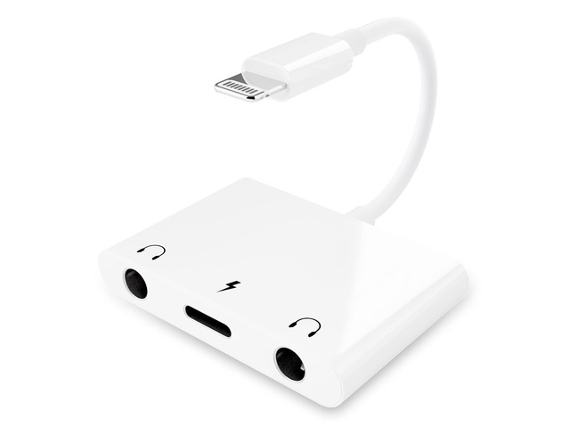 3 in 1 Dual 3.5mm Headphone Jack Adapter - Earphone Jack Audio and Charging Adapter - Headphone Splitter for iPhone 14/13/ 12/11/ X/ 8 - White