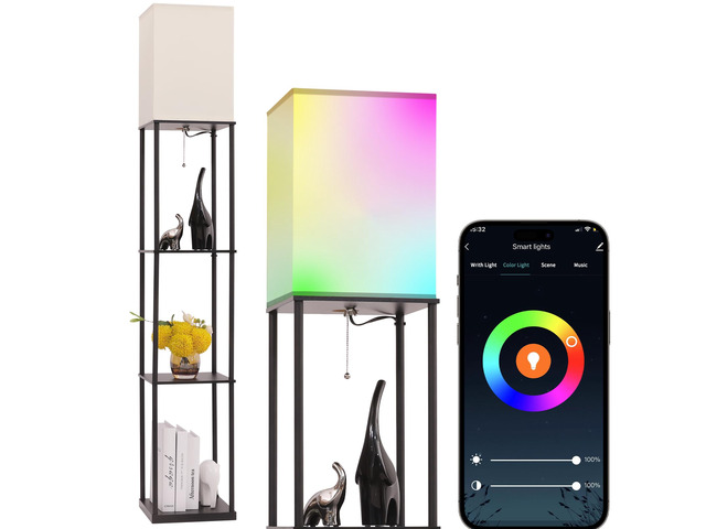 Floor Lamp with Shelves, with Modern Square Standing Lamp with Smart APP Control RGB Bulb, Corner Display Bookshelf Lamp for Living Room, Bedroom...