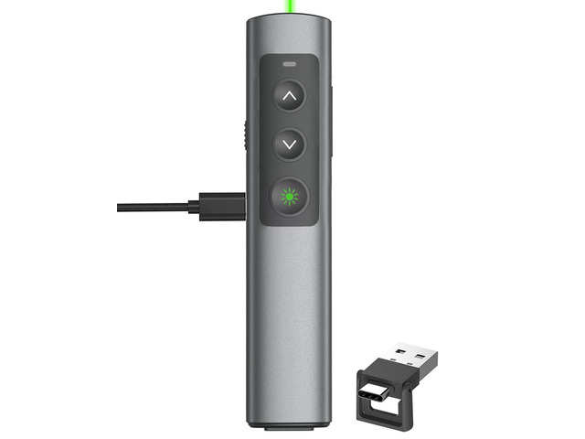 Metal Wireless Presentation Clicker, 2-in-1 USB Type-C Dual Receiver Rechargeable PowerPoint Remote with Green Laser Pointer, Works for Mac Windows...