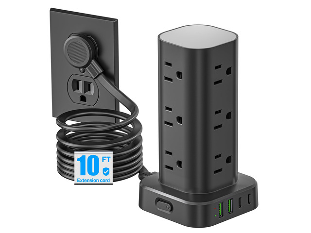 Flat Plug Power Strip Tower Surge Protector, 10FT Flat Extension Cord with Multiple Outlets, 12 AC Outlets, 4 USB Ports (2 USB C) Charging Station...