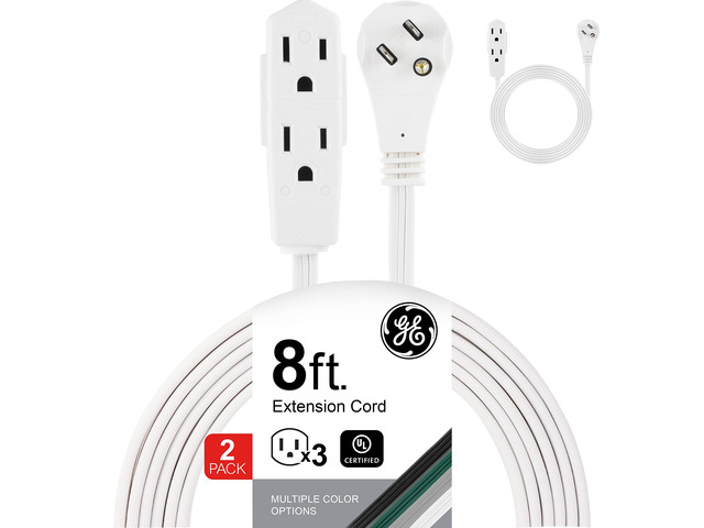 3-Outlet Flat Extension Cord 8 Ft Grounded Extension Cord 3 Prong Flat Plug Extension Cord with Multiple Outlets, Indoor Power Strip 16 Gau UL...