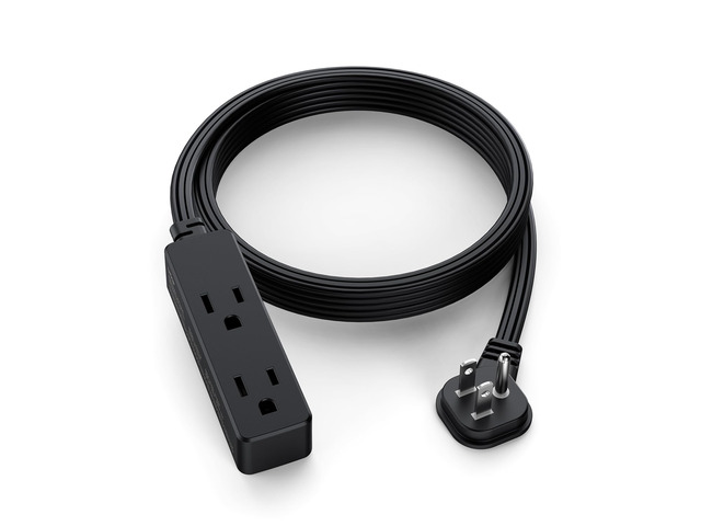 Flat Plug Extension Cord with 3 Outlets - 10Ft Low Profile Indoor 3 Prong Grounded Power Strip for Home Office & Travel - 16 AWG 13A/1625W, Black