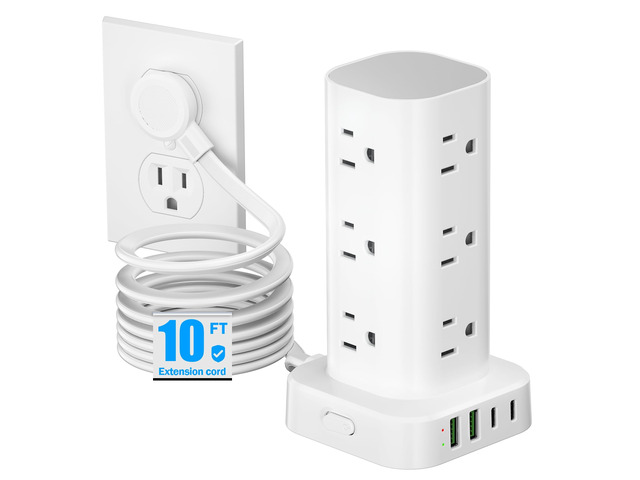 Flat Plug Power Strip Tower Surge Protector, 10FT Flat Extension Cord with Multiple Outlets, 12 AC Outlets, 4 USB Ports (2 USB C) Charging Station...