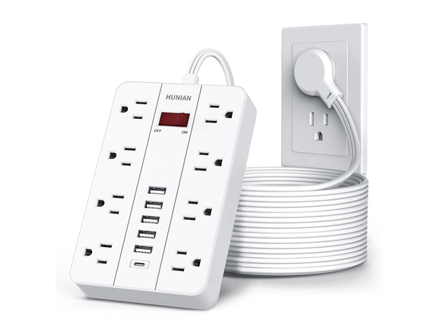Flat Plug Power Strip, 15Ft Flat Extension Cord, White 8 Widely Spaced Outlets 6 USB (1 USB C Port), Wall Mount Charging Station for Home and Office