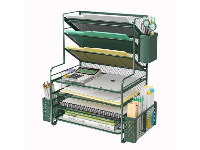 7 Tier Desk File Organizer, Letter Tray Paper Organizer with Pen Holder and Metal Hanging Basket, Green