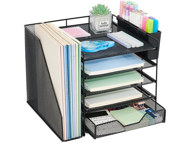 5-Tier Desk File Organizer with Drawer & Pen Holder (Black) Desk Organizers and Accessories, Office Desk Accessories & Workspace Desktop Organizers...