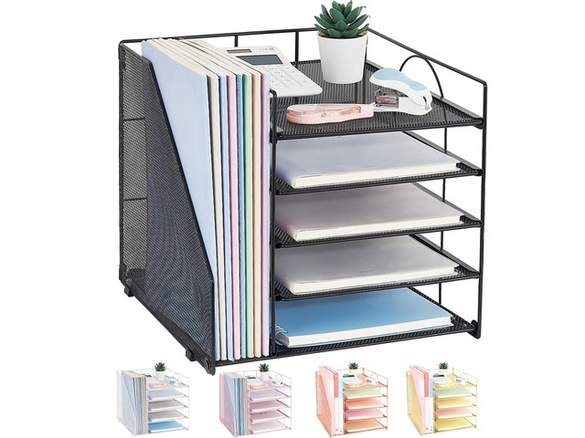 Desk Organizers and Accessories, 5-Tier Paper Letter Tray Organizer with File Holder, Desktop Organizer for Office Supplies (Black)
