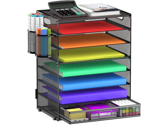 8 Tier Paper Letter Tray Organizer (Black-with Drawer,Pen Holders) Mesh Desk File Holder Storage Organization for Home School Classroom & Office