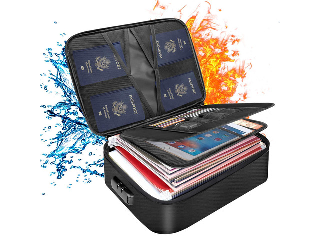 Document Bag with Lock, Fireproof 3-Layer File Storage Box, Black Water-Resistant Zipper, Document Safe Portable Travel Home Office Organizer Bag...