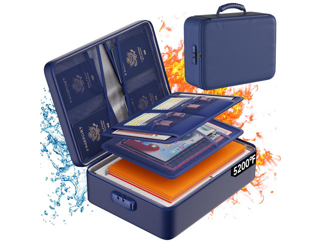 5200°F Fireproof Document Organizer Box with Lock, Blue (Soft) Heat Insulated 8 Layers File Protection Bag,Water-Resistant Zipper,Portable Home...