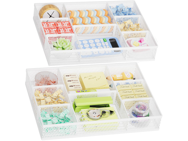 2 Pack Desk Drawer Organizer, Mesh Drawer Organizer Tray with 8 Adjustable Compartments, Desk Organizers and Accessories, 5 Dividers for Office...