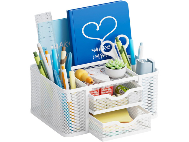 Mesh Desk Organizer, Pen Organizer with 2 Drawer, Multi-Functional Pencil Holder, Desk Organizers and Accessories with 5 Compartments + Drawer for...