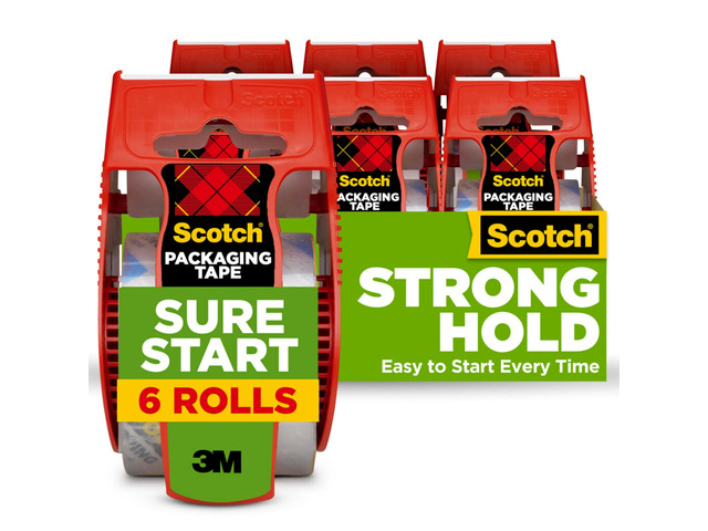 Sure Start Packing Tape, Clear, 1.88 in. x 22.2 yd. 6 Tape Rolls with Dispensers, Quiet Unwind and Easy Start
