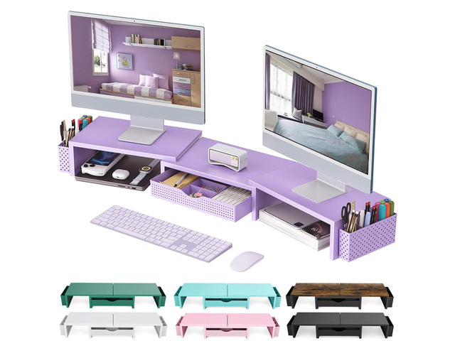 Dual Monitor Stand Riser With Drawer and 2 Pen Holders Computer Monitor Stand Desk Organizer and Accessories Desk Shelf for Top of Desk (Purple)