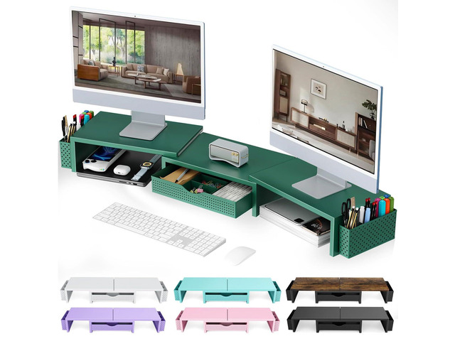 Dual Monitor Stand Riser With Drawer and 2 Pen Holders Computer Monitor Stand Desk Organizer and Accessories Desk Shelf for Top of Desk (Green)