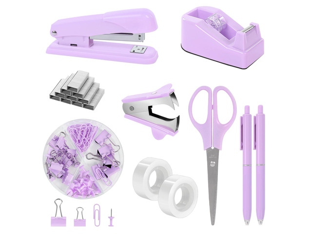 Purple Desk Accessories, Stapler and Tape Dispenser Set,10PCS Purple Office Supplies Set, Stapler, Tape Dispenser, Scissors, Binder/Paper Clips and...
