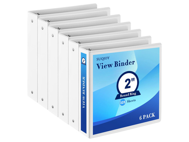 2 Inch 3-Ring Binder, 2' Round Ring Binder with 2 Inside Pockets, 6 Pack White Binders, Clear View Cover, Holds Up to 450 Sheets 8.5' x 11'...