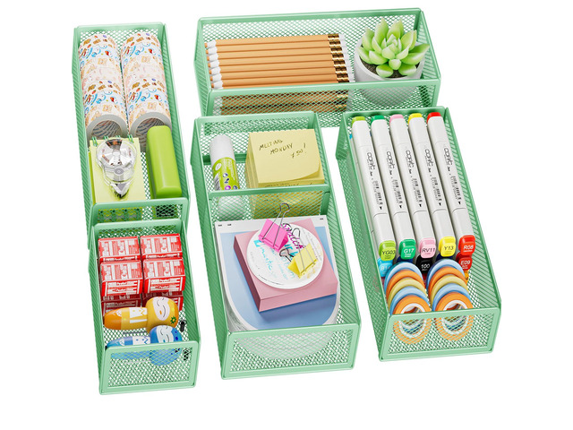5 Pack Desk Drawer Organizer Set, Mesh Drawer Storage Trays with 1 Adjustable Divider, Desk Organizers and Accessories, 5 PCS Drawer for Office...