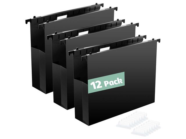 Extra Capacity Plastic Hanging File Folders, 12 Pack, Letter, Black Reinforced Expanding Hang Folder Letter Size,Accordian Pocket,Heavy Duty 2 Inch...