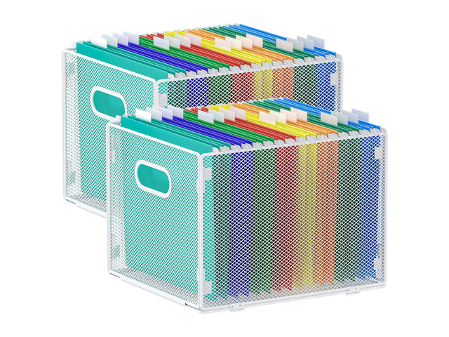 2 Pack Hanging File Organizer, Mesh File Folder Box Filing Box Cabinet Organizer Storage Boxes, Letter Size,White