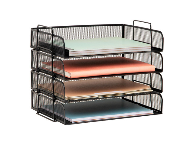 Stackable Paper Tray, Desktop Organizer, File Storage, Office, Metal Mesh, 4 Pcs., Black