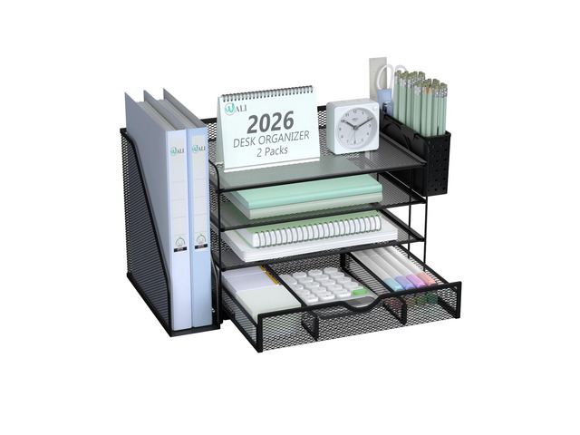 Desk File Organizer, 4 Tier Desktop Paper Letter Tray Organizer with Drawer and 2 Pen Holders, Office Desk Accessories & Workspace Organizers for...