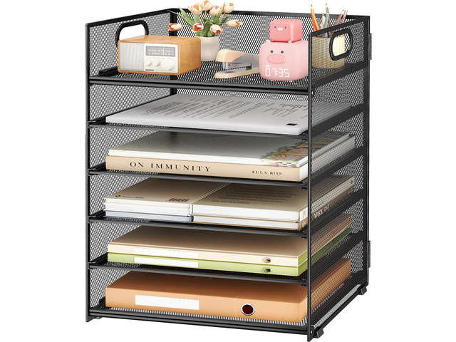 6 Tier Paper Organizer with Handle,Construction Teacher Desk Decor,Black Mesh Desk Letter Paper File Folder Accessories Sorter Organizer,Stackable...
