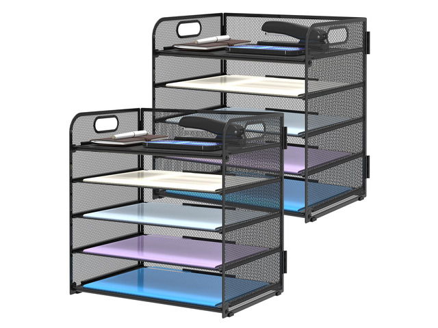2 Pack 5-Tier Desk Organizer with Handle Mesh Desk File/Paper Organizer Letter Tray for Office, School, Classroom and Home Easy Installation, Black