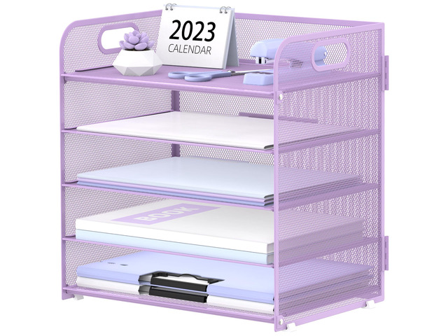 5 Trays Paper Organizer Letter Tray with Handle-Mesh Desk File Holders, Paper Sorter Desk Organizer for Office, Home, Classeoom or School, Purple