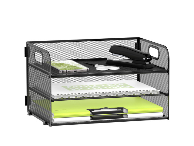 3 Tier Paper Organizer for Desk, Sliding Paper Trays, Black 3 Tier desk organizer and paper tray with handle and for A4 sheets, files, mail and...