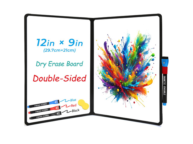 Double-Sided White Board 12x9 inch - Ultra-Thin Portable Dry Erase Board with 3 Markers & Anti-Ghosting Surface Magnetic-Ready Foldable for...