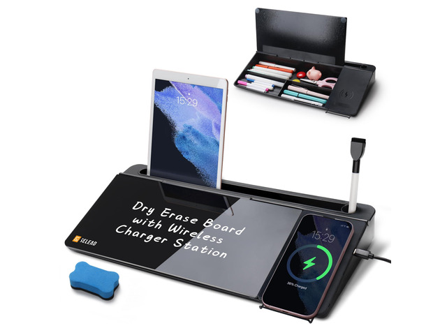Desktop Glass Whiteboard with Wireless Charger and Storage, Black Dry Erase Board Computer Pad Keyboard Stand, Desk Organizer Drawer with...