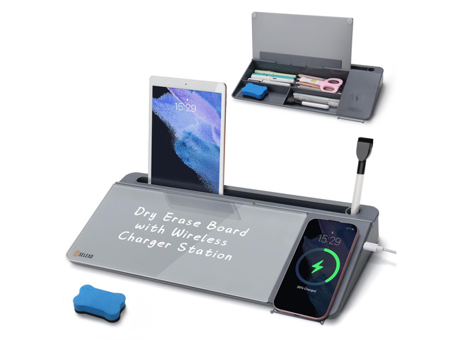 Desktop Glass Whiteboard with Wireless Charger and Storage, Gray Dry Erase Board Computer Pad Keyboard Stand, Desk Organizer Drawer with...