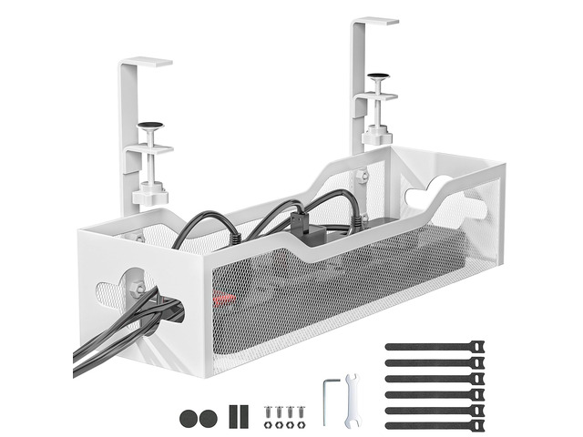 Under Desk Cable Management Tray White, Cable Management Under Desk No Drill, Cable Organizer with Clamp for Wire Management, Cord Organizer for...