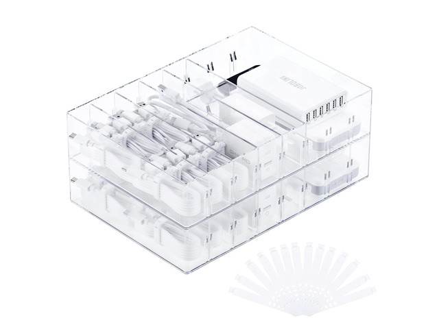 2 Pcs Clear Cable Charger Organizer Box, Large Adjustable Compartments, Stackable to Save Space, 14 Wire Ties, Easy Access, Fits Drawer, Desk &...