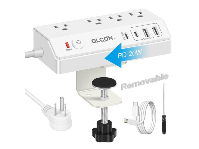 Desk Clamp Power Strip USB C 20W PD - Removable Surge Protector with 4 Outlet 4 USB Ports - Multi Outlet Plug Edge Mount Desktop Power Station...
