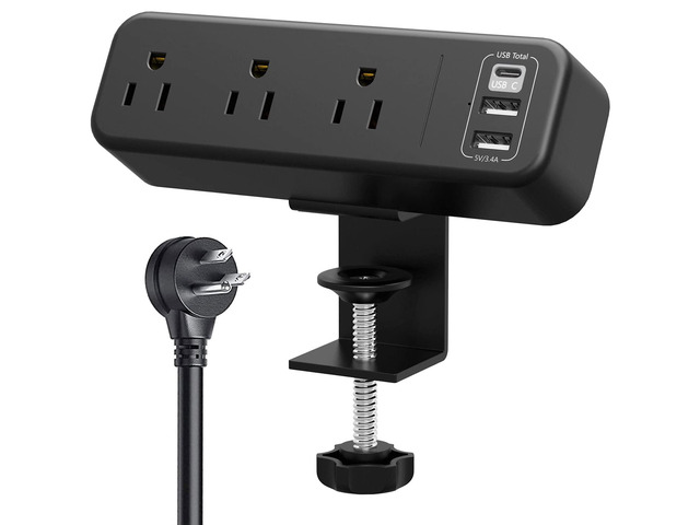 Desk Clamp Power Strip with USB C, 3 Outlet Desktop Mount Power Station Removable Clamp Socket with 6.5 ft Extension Cord, Fit 1.7 inch Tabletop Edge