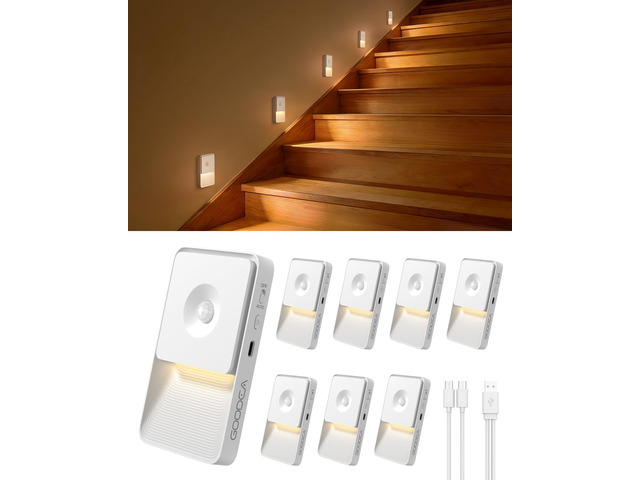 8 Pack Stair Lights Indoor, Rechargeable Motion Sensor Night Lights 3000K Warm Nightlight for Stairs, Stepless Dimming, Stick on Lights for...