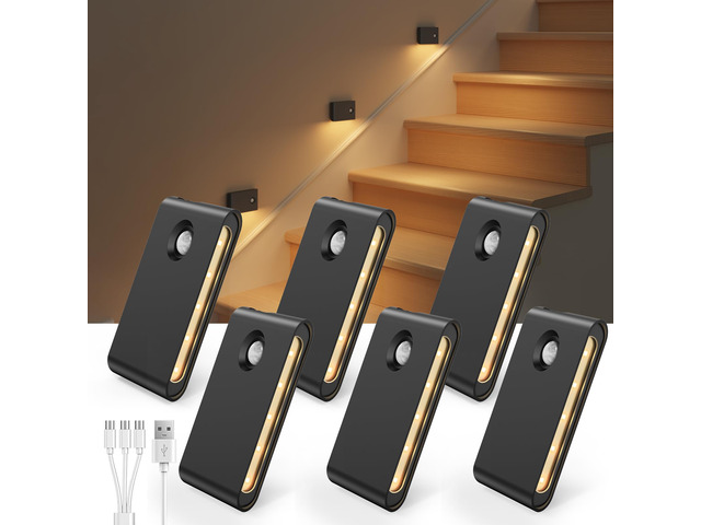 6 Pack Motion Sensor Night Lights, Sync LED Stair Lights Indoor, 1500mAh Rechargeable, Magnetic & Dimmable, 3000K Soft White, Portable Nightlight...
